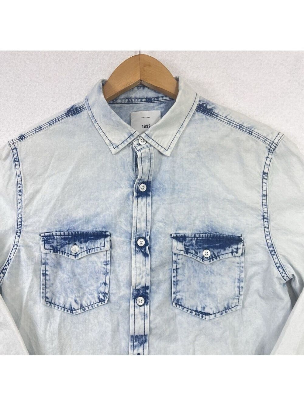 Zip Code 1992 Mens S Shirt Blue Denim Bleach Wash Button Front Cotton Cowboy Wes